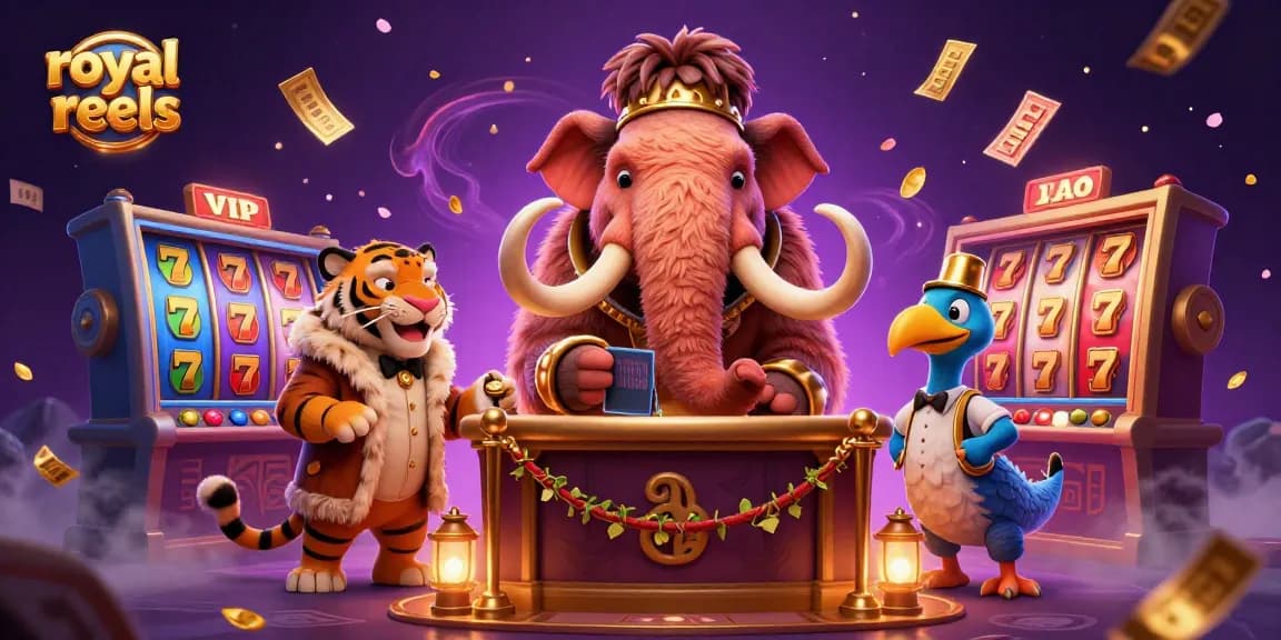 Engage with royal reels at this vibrant 3D casino illustration, showcasing a mammoth bouncer, VIP saber-tooth tiger, and dynamic game elements.