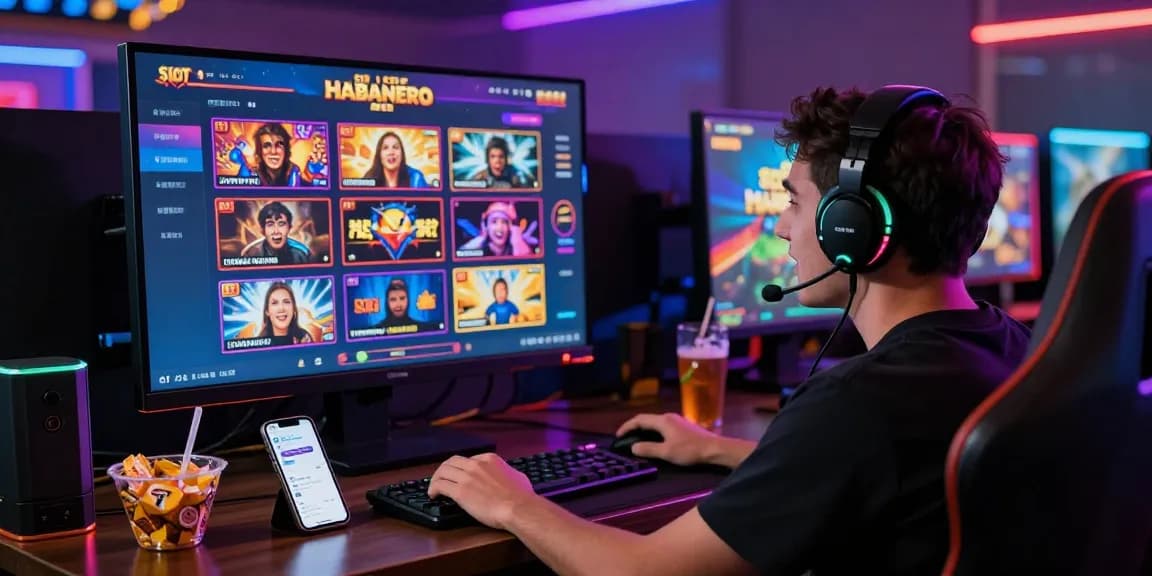 Excited player enjoying Slot Habanero games in a cozy gaming setup, reflecting an immersive online casino atmosphere.