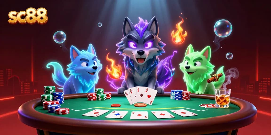 Explore the thrilling excitement of poker at sc88 with spectral wolves, chips, and glowing effects.