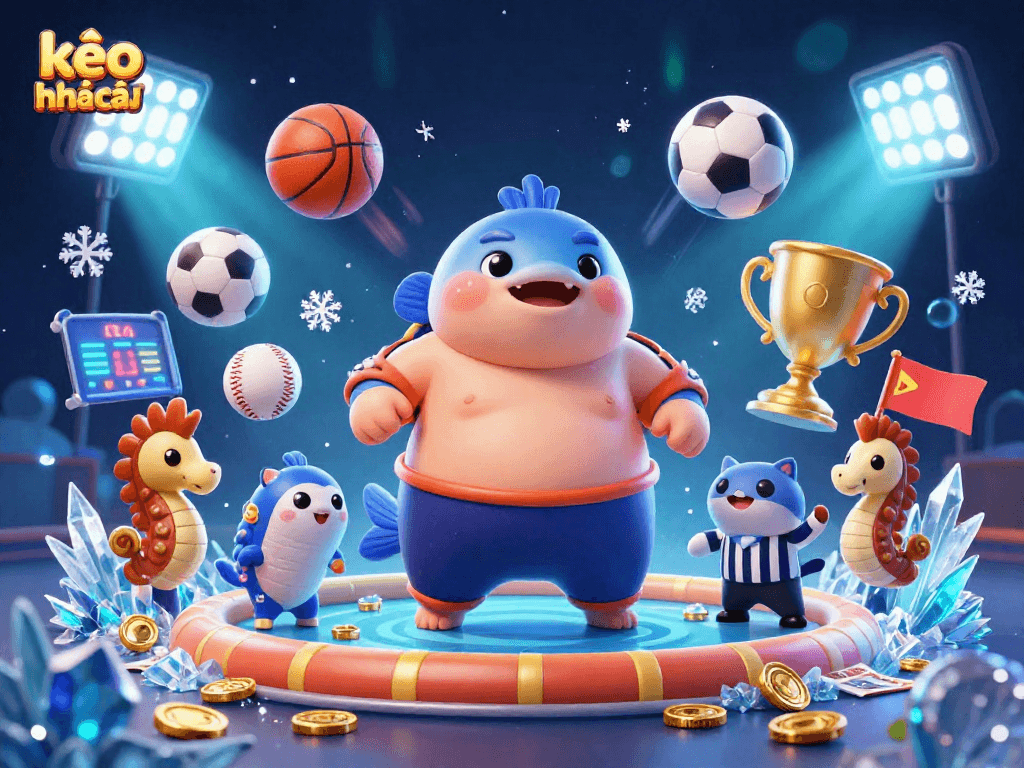 Betting with kèo nhà cái in a vibrant underwater sports arena illustrated with dynamic action.
