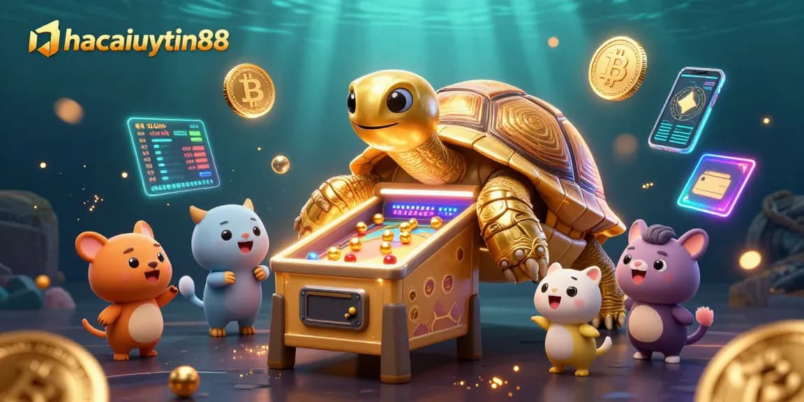 Engage with nhacaiuytin88's thrilling gaming scene featuring a colossal tortoise pinball machine surrounded by dynamic crypto elements.
