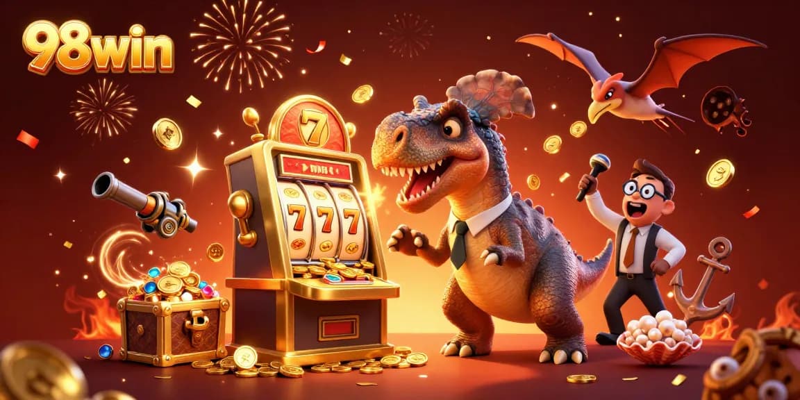 98win generates excitement as a dinosaur headbutts a slot machine in a fun casino scene.