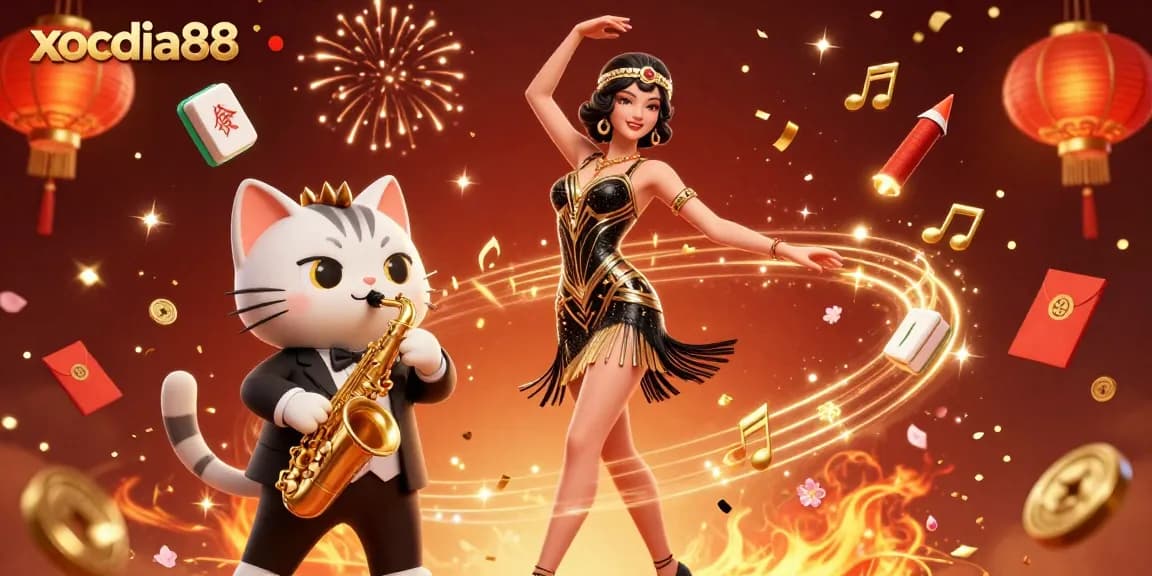 xocdia88 celebrates with 3D woman and saxophone cat amidst vibrant gambling elements.