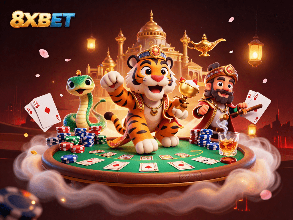 Experience thrilling games at 8XBET with whimsical, cinematic 3D visuals of a vibrant online casino atmosphere.