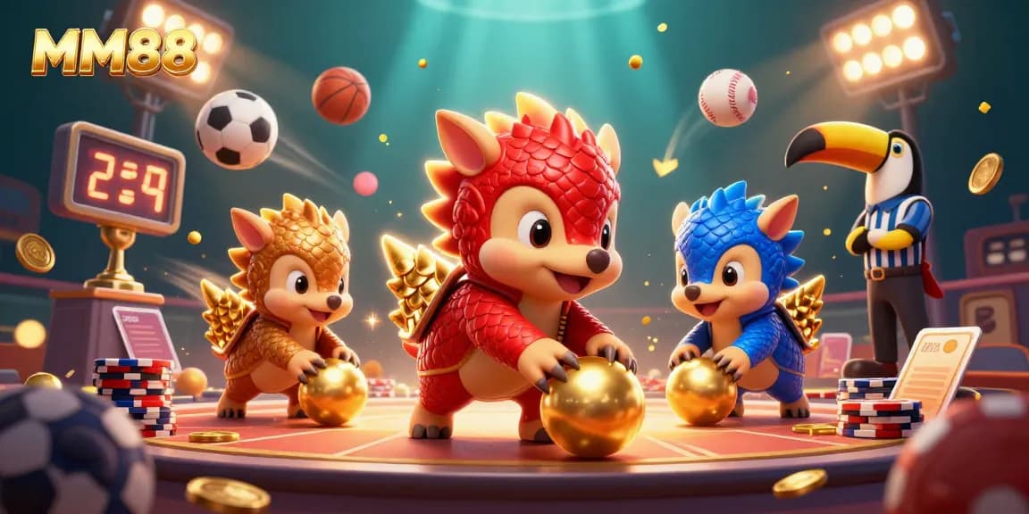 Engage with MM88 in a vibrant 3D casino scene featuring rival pangolins and dynamic sports elements.