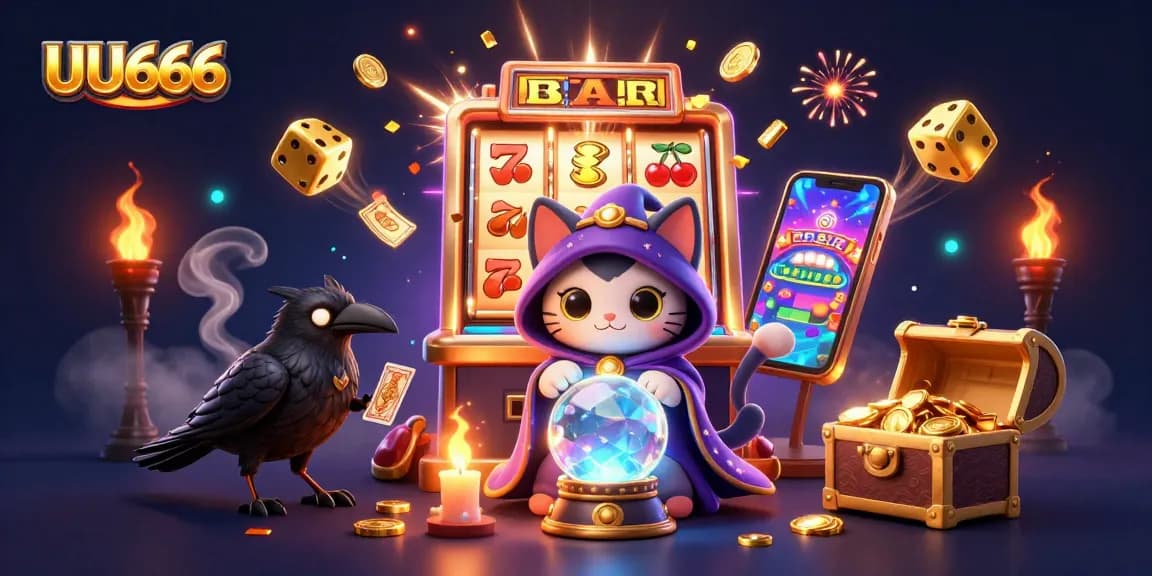 Play exciting slot games with UU666, featuring a vibrant scene of fortune teller cats, winning jackpots, and glowing symbols