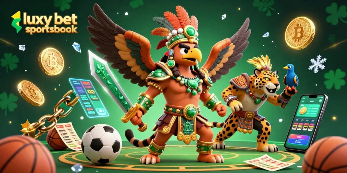 Engage with the luxy bet sportsbook in a vibrant scene with sports betting elements and dynamic characters.