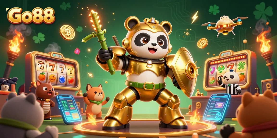 Go88 casino mech-suit panda battles with slot reels and crypto coins in a vibrant arena.