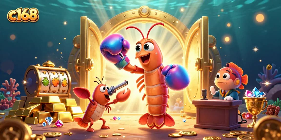 Experience the excitement of c168 with a vibrant illustration featuring cartoon characters amidst exploding treasure in a casino setting.