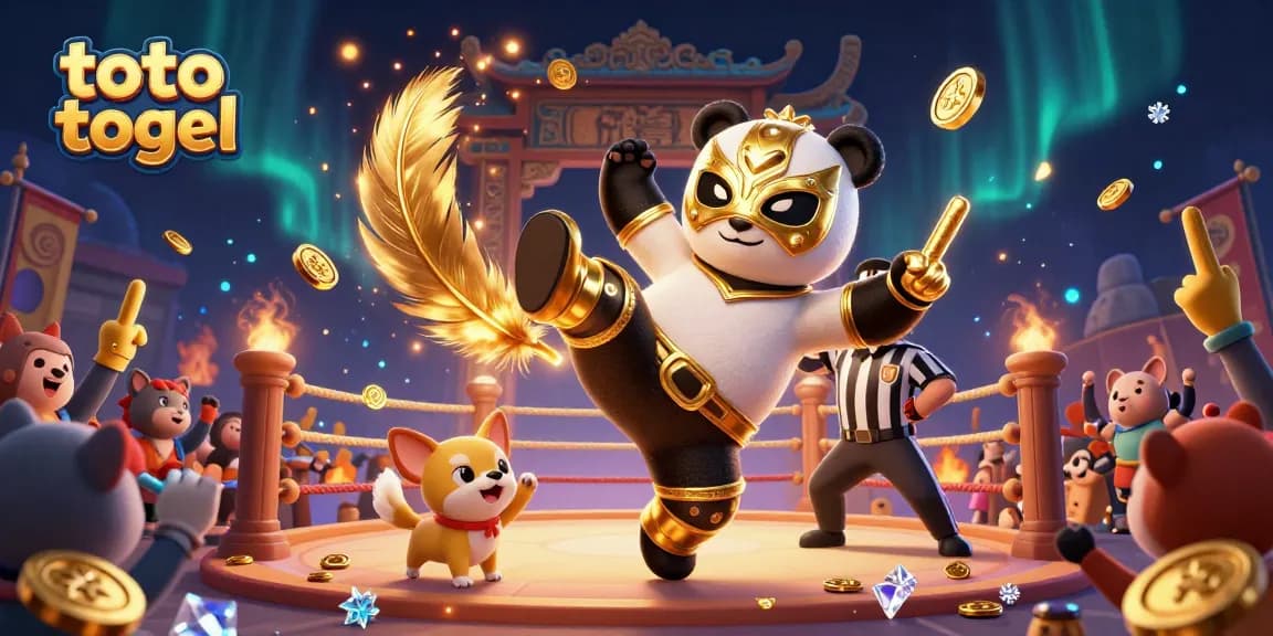 Experience exciting toto togel action with a dynamic wrestling panda and cheering animal crowd.