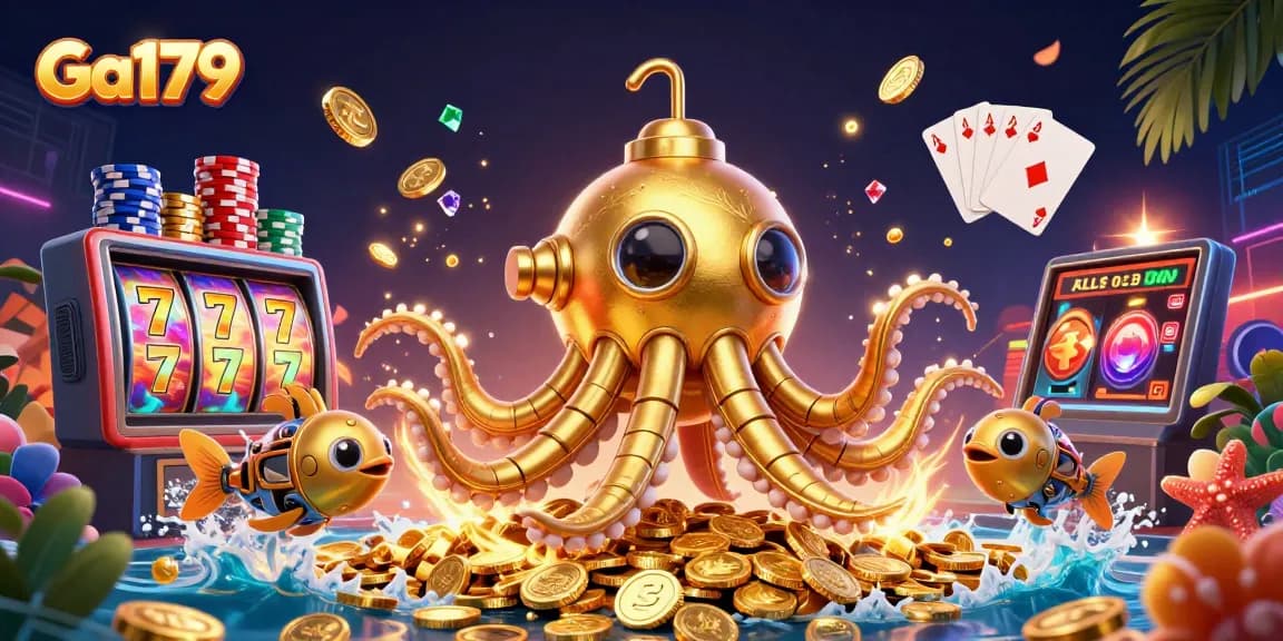 Engage with Ga179 in a vibrant 3D casino scene featuring golden kraken and slot machines.