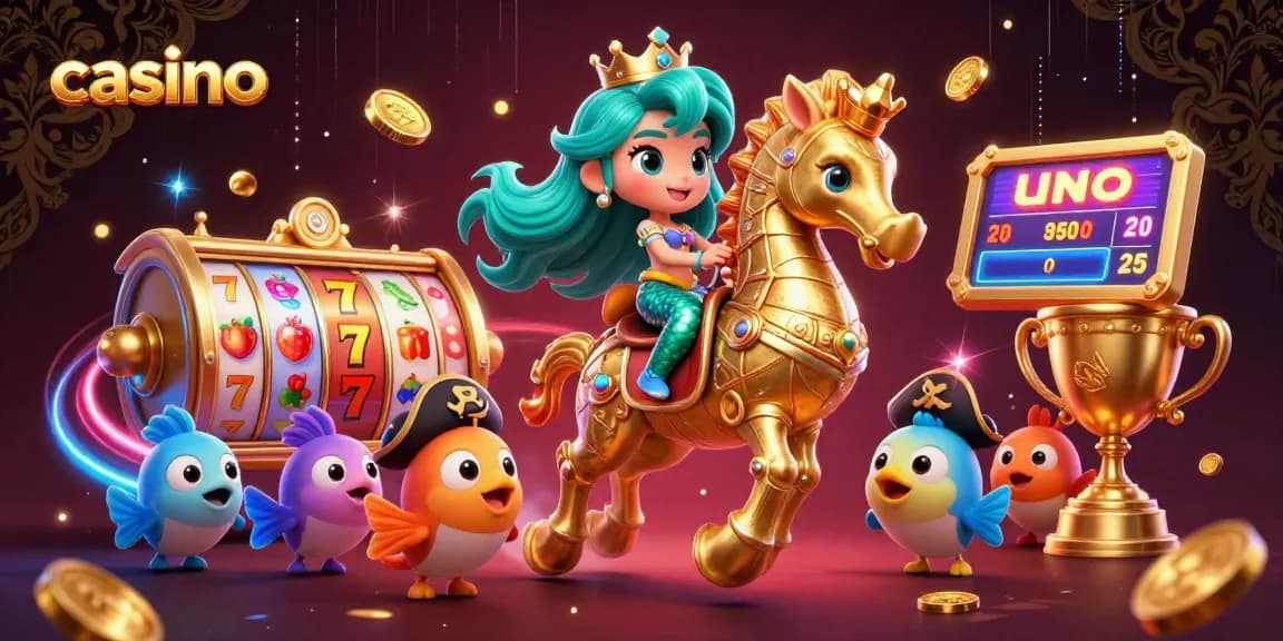 Engage with casino gaming action featuring a mermaid princess and colorful characters amidst vibrant slot elements.