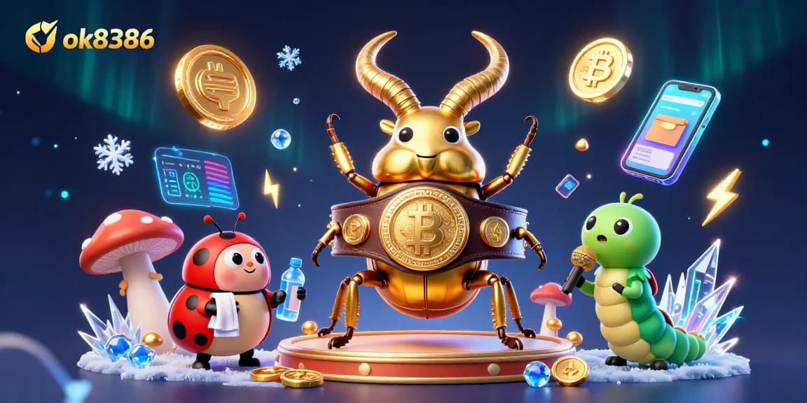 Join the excitement with ok8386 in this vibrant casino scene featuring colorful crypto elements.