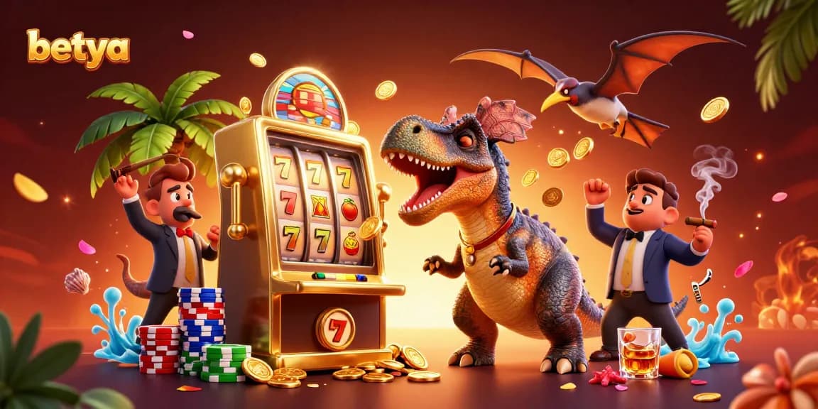 Experience thrilling bets with Betya in a vibrant 3D casino scene, showcasing exciting jackpots and games.