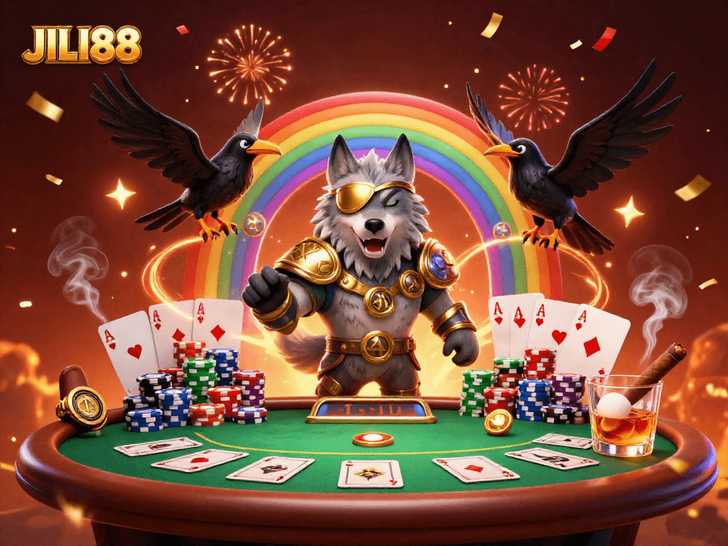 Experience the thrill of JILI88 with Odin and his ravens amidst a vibrant casino scene.