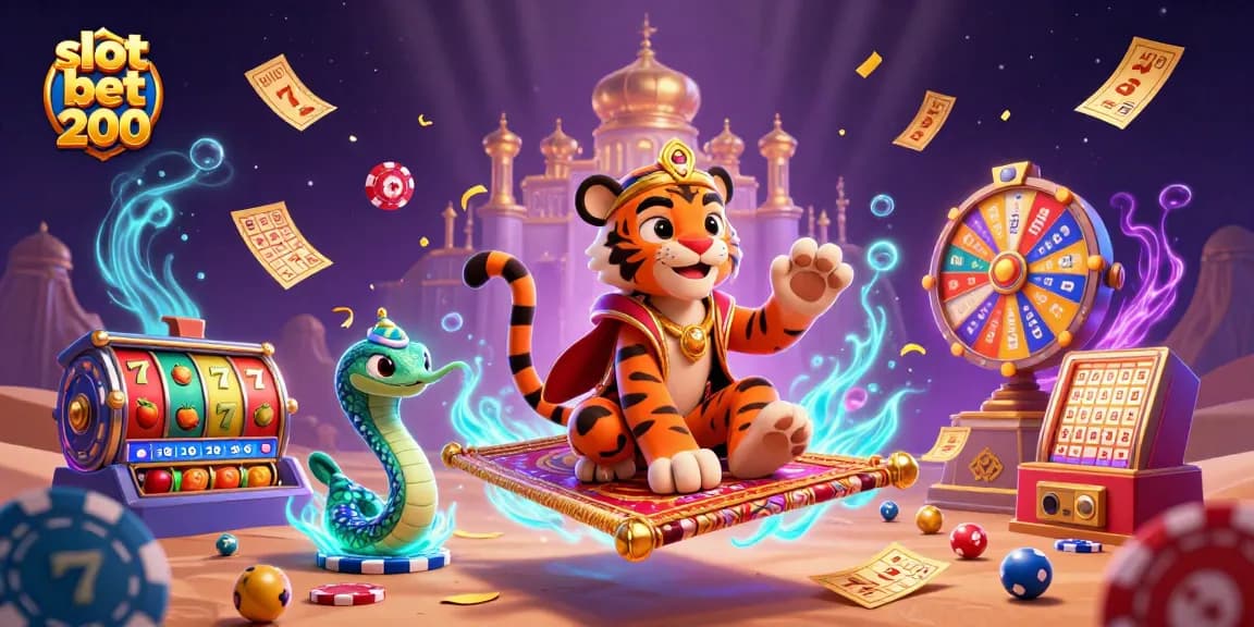 Engage in the excitement of slot bet 200 with this vibrant 3D illustration featuring a sultan, magic lamp, and casino elements.