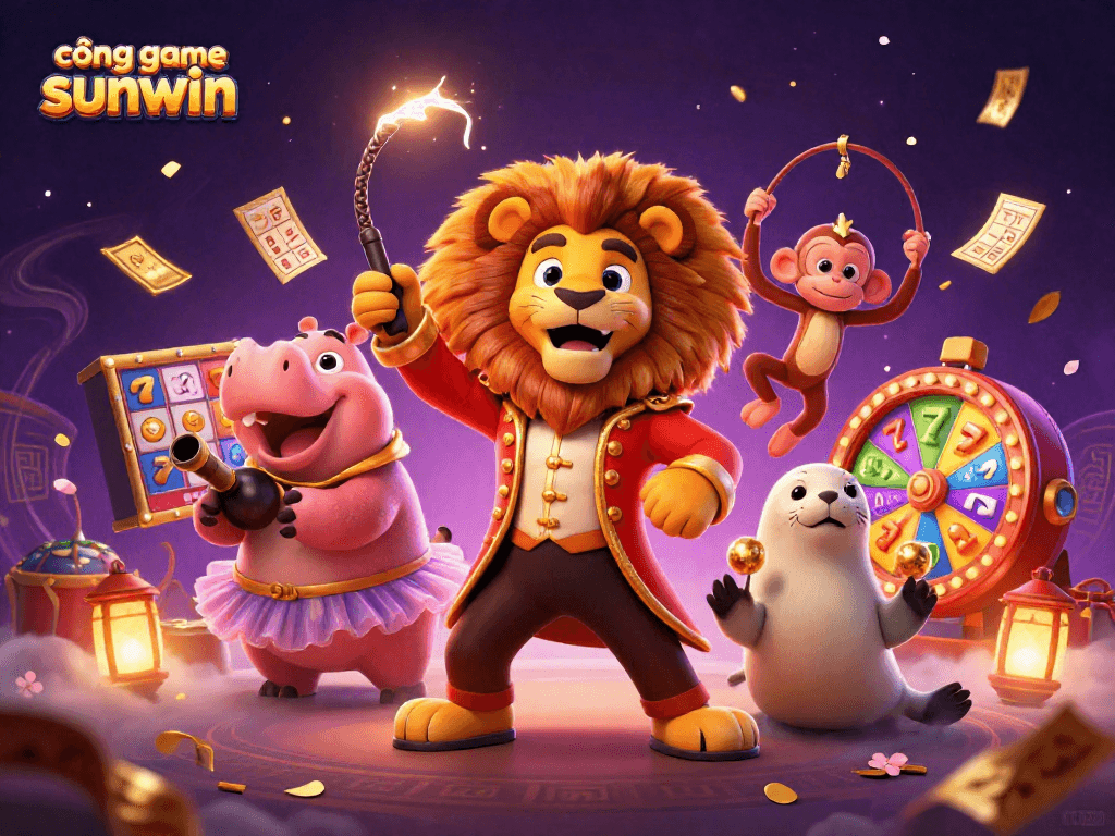 Engage in the excitement of cổng game sunwin with colorful reels, characters, and prizes in a vibrant setting.