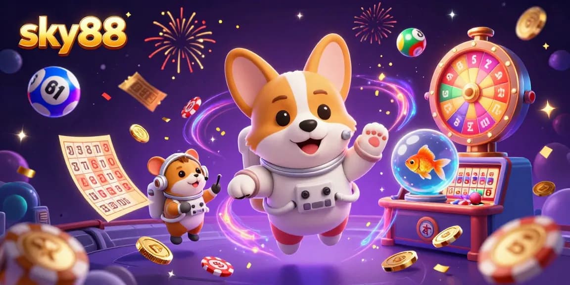 Engage with sky88's vibrant casino adventure featuring playful characters, lottery balls, and exciting prize elements.