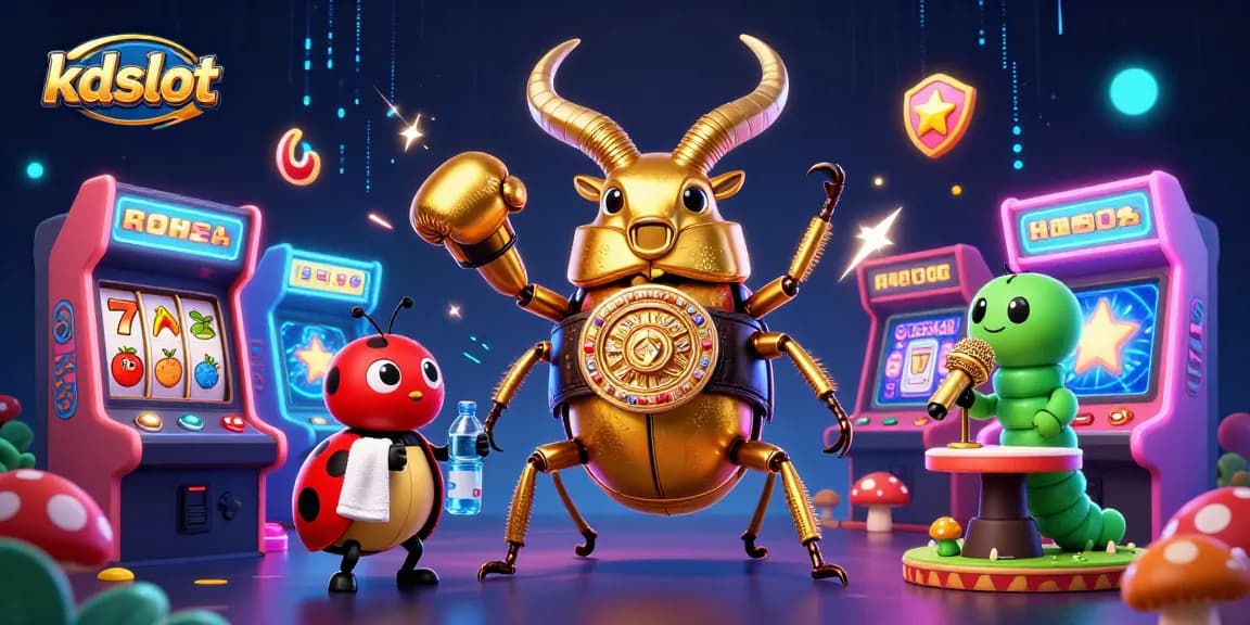 KDSlot illustration featuring a dynamic boxing beetle and casino elements for gaming excitement