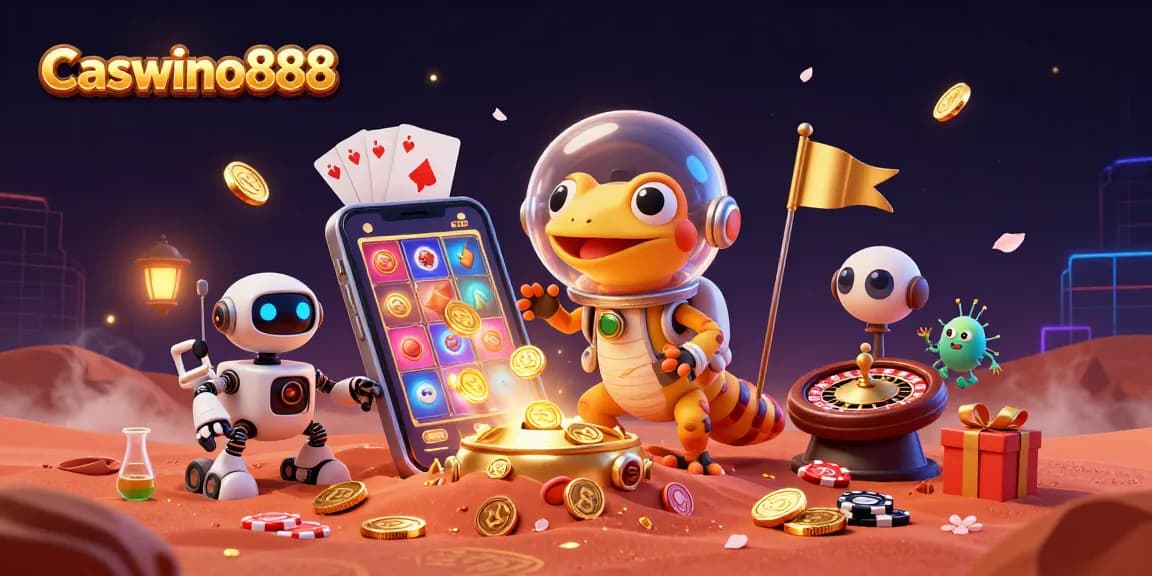 Play exciting games at Caswino888 featuring a Martian gecko and alien characters celebrating near a golden casino.