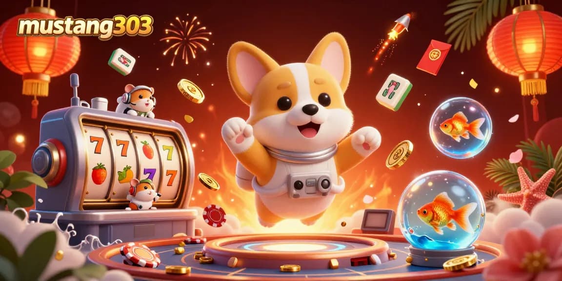 Experience thrilling gaming at mustang303 with a vibrant 3D illustration showcasing lively casino elements.