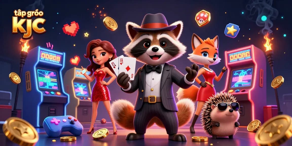 Engage with the captivating world of tập đoàn kjc at the casino, featuring a suave raccoon and glamorous fox.