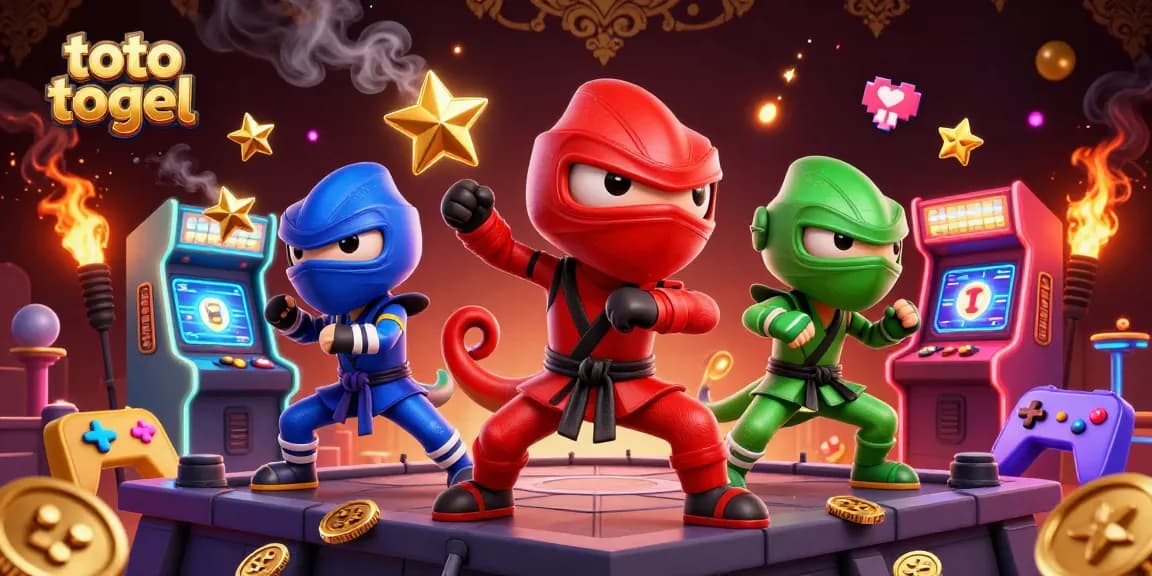 Explore exciting gameplay with toto togel in a vibrant 3D animated scene featuring ninjas and game elements.