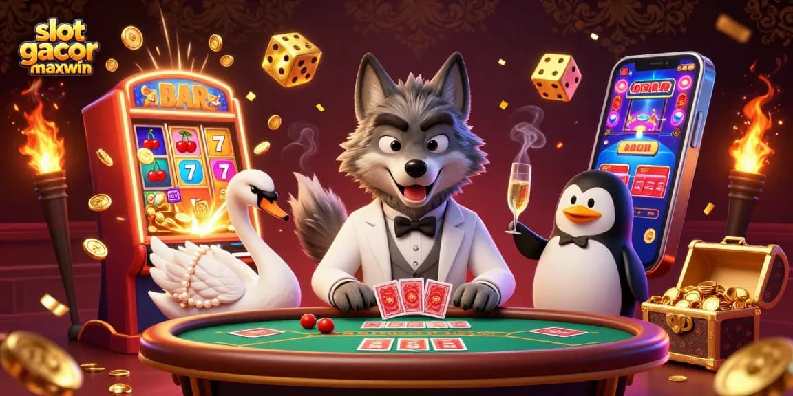 Slot gacor maxwin menampilkan ilustrasi kasino 3D yang dinamis dengan karakter kartun dan elemen keberuntungan.
