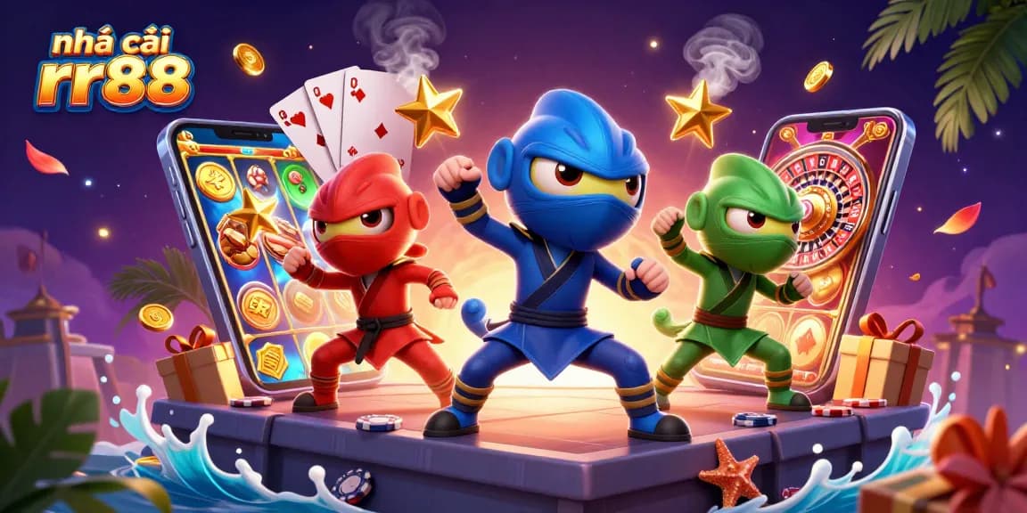 Experience thrilling gaming action with nhà cái rr88's vibrant 3D ninja chameleons amidst a colorful casino setup.
