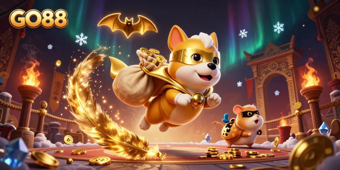 Activate your luck with GO88, featuring a superhero dog flying with gold coins in a dynamic casino scene.