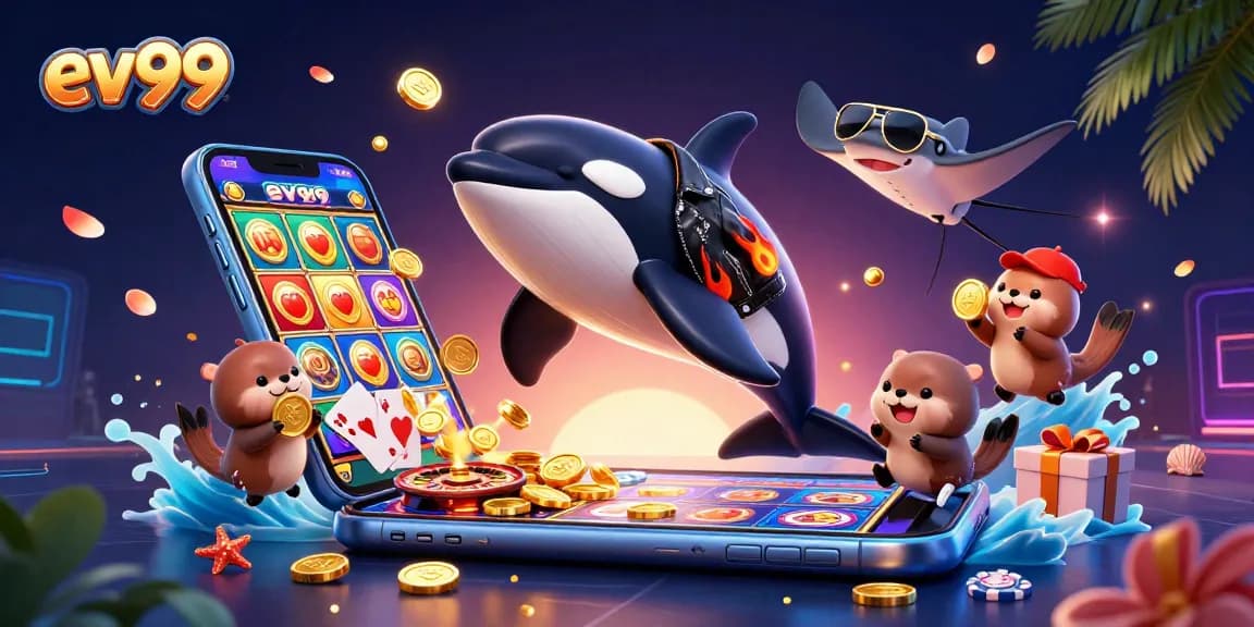 ev99 engages players with a dynamic casino scene featuring an orca whale and sea otters celebrating with coins and gaming elements.