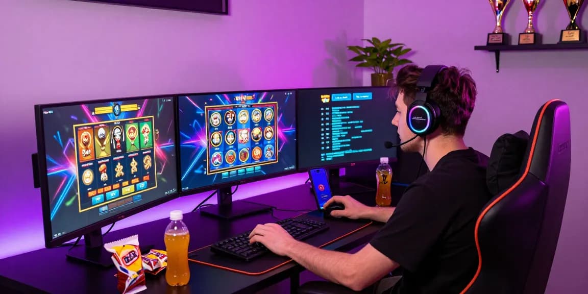 Engaged player exploring a slot deposit qris 5k game on multiple vibrant screens.