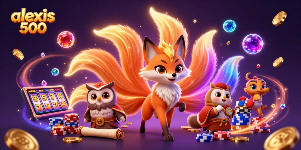 Experience exciting gameplay with alexis 500 in this rich casino-themed 3D illustration featuring vibrant characters and dynamic elements.