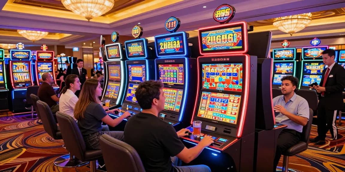 Excited players enjoying the rajakhodam89 slot machines in a lively casino atmosphere