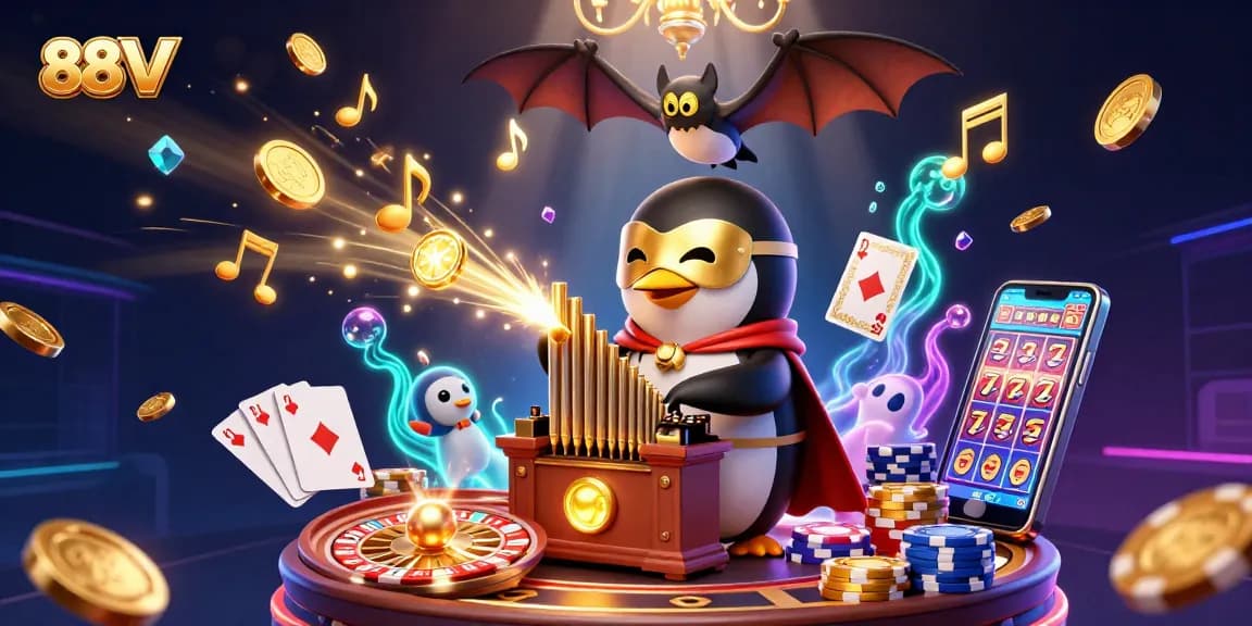 88VV gaming excitement with a golden coin-shooting organ and acrobatic character in a vibrant casino scene
