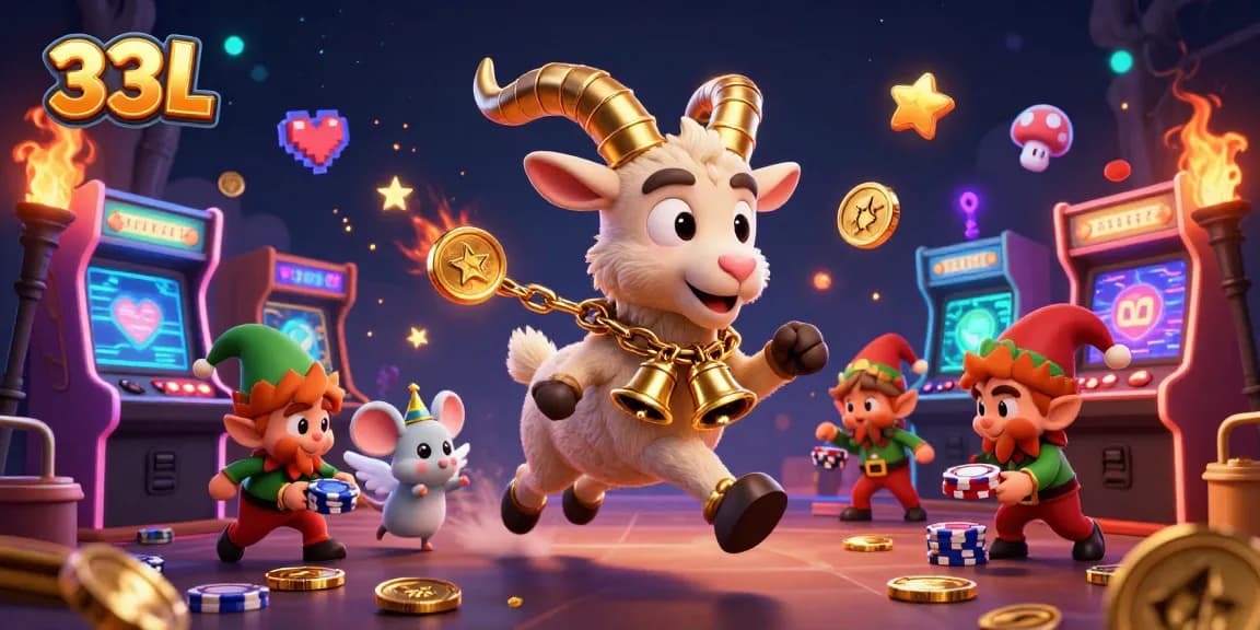33L casino scene with Krampus goat, angel mouse, and elf gremlins celebrating victories.
