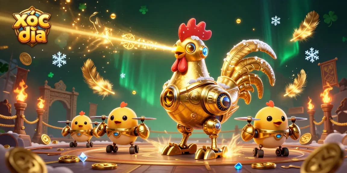 Xóc đĩa game scene with golden rooster robot and chick drones amidst dynamic swirling particles.