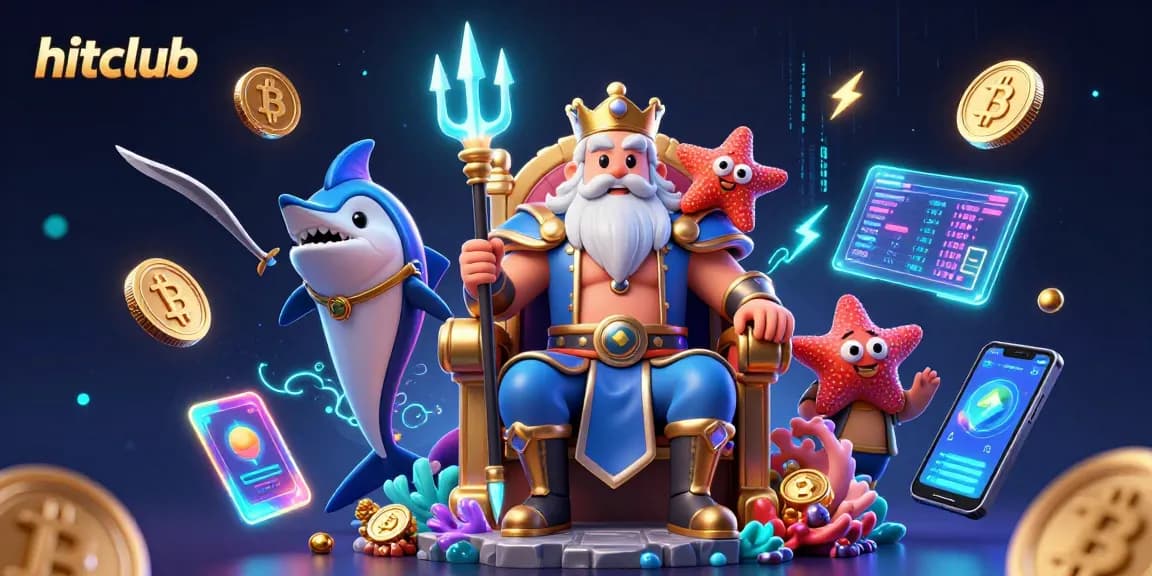 Engage with hitclub's vibrant games featuring Neptune's casino adventure and crypto elements in a colorful 3D scene.