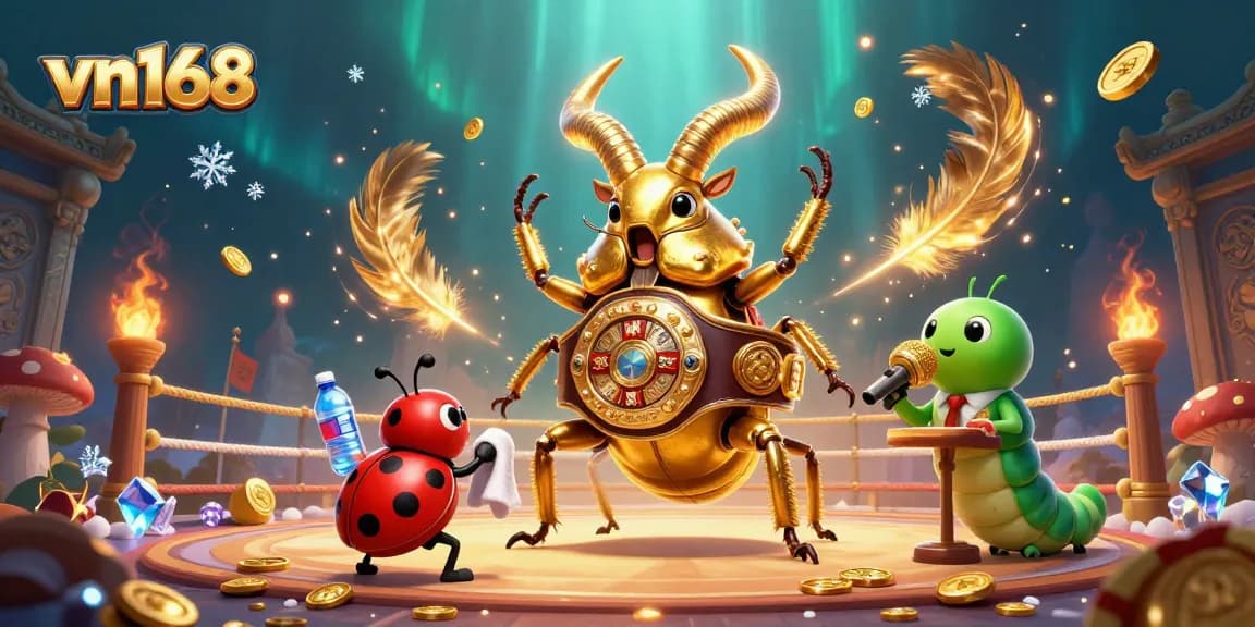 Venture into vn168's dynamic betting world with a vibrant 3D scene of a boxing beetle.