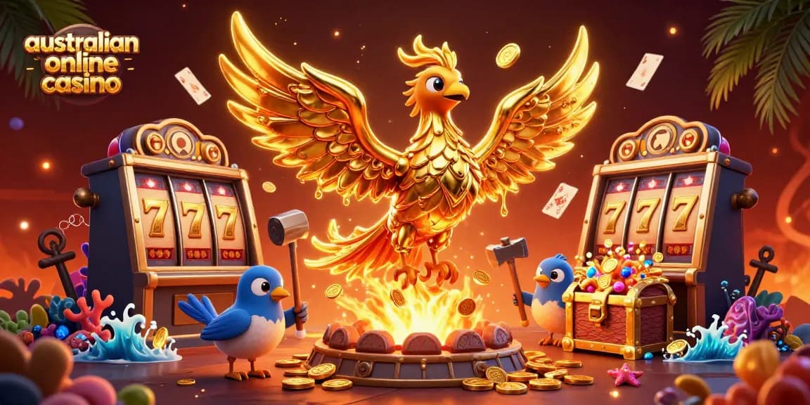 A vibrant scene depicting the australian online casino experience with a molten metal phoenix and exciting game elements.