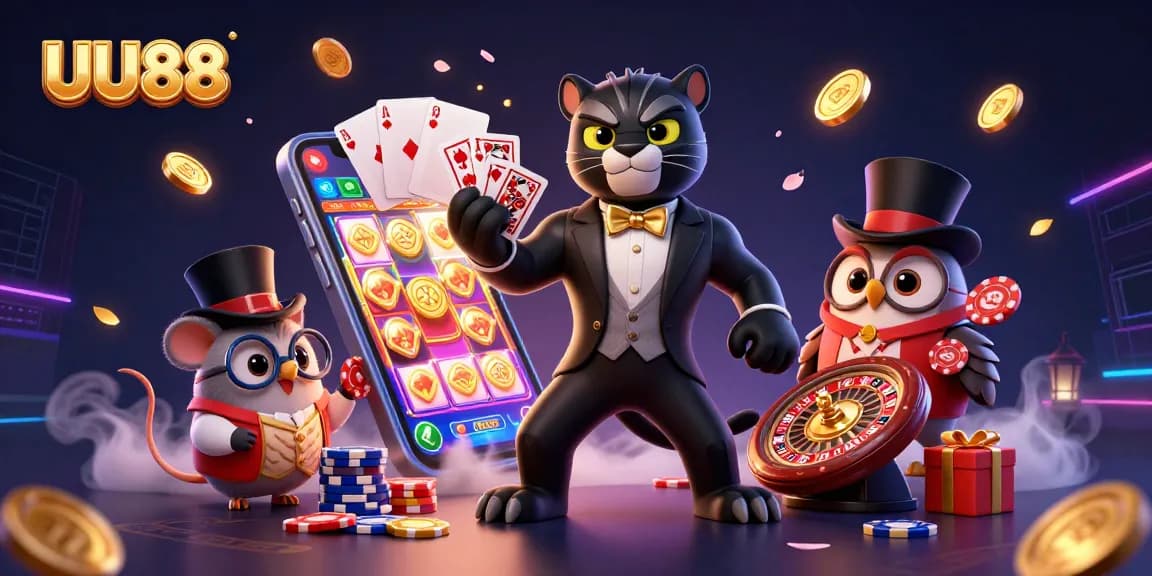 Experience gaming excitement with UU88, featuring colorful slots and vibrant casino characters.