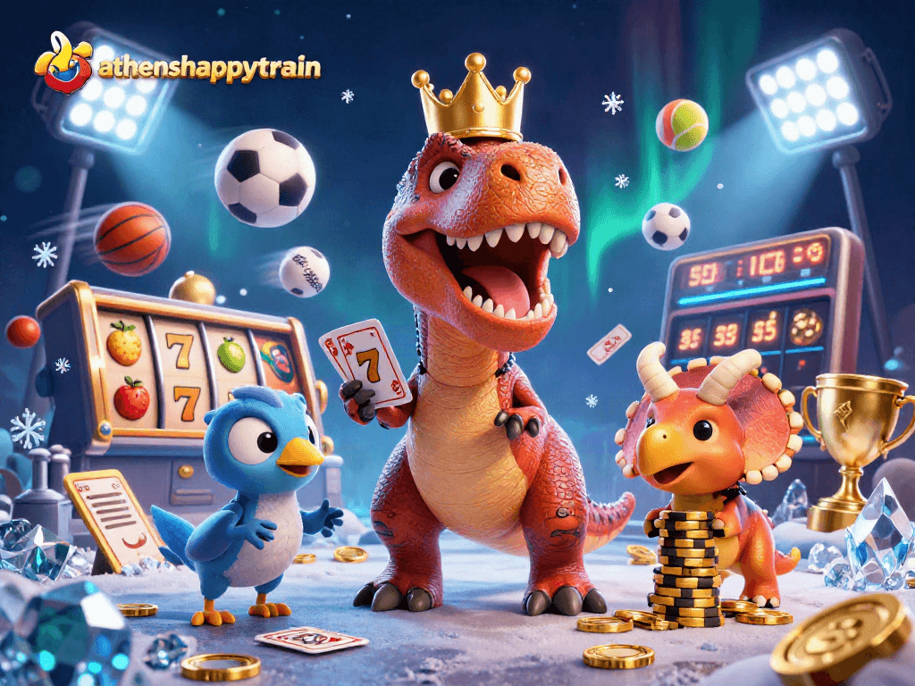 Experience athenshappytrain's vibrant casino scene with cartoon dinosaurs enjoying slots and sports betting.