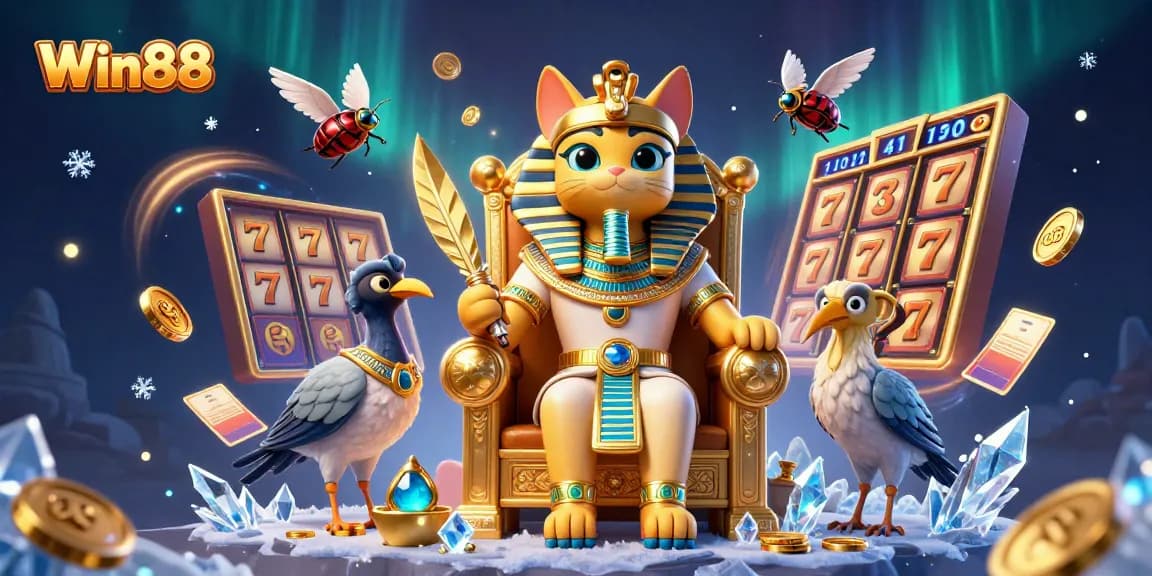 Win88 showcases an Egyptian pharaoh cat and companions among vibrant slot machines and golden elements, embodying online gaming excitement.