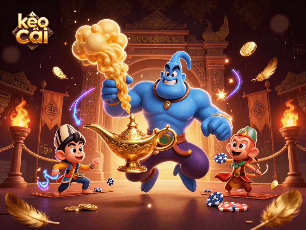Kèo nhà cái guides players betting in a vibrant 3D casino scene with genie and poker elements.