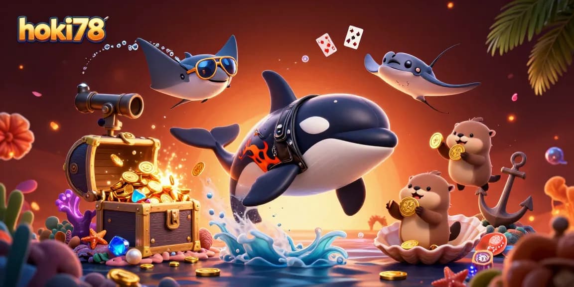 Permainan hoki78 dengan orca, stingray, dan berang-berang laut sambil memegang koin emas.