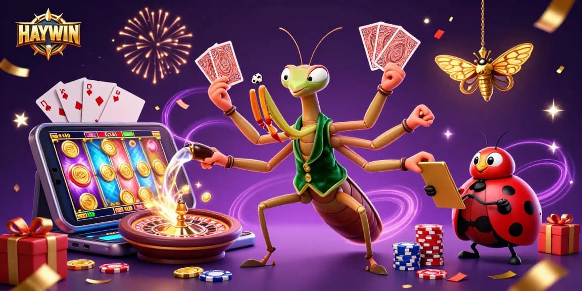 Experience the excitement of HAYWIN casino with a giant mantis card sharp, vibrant slot games, and dynamic characters.