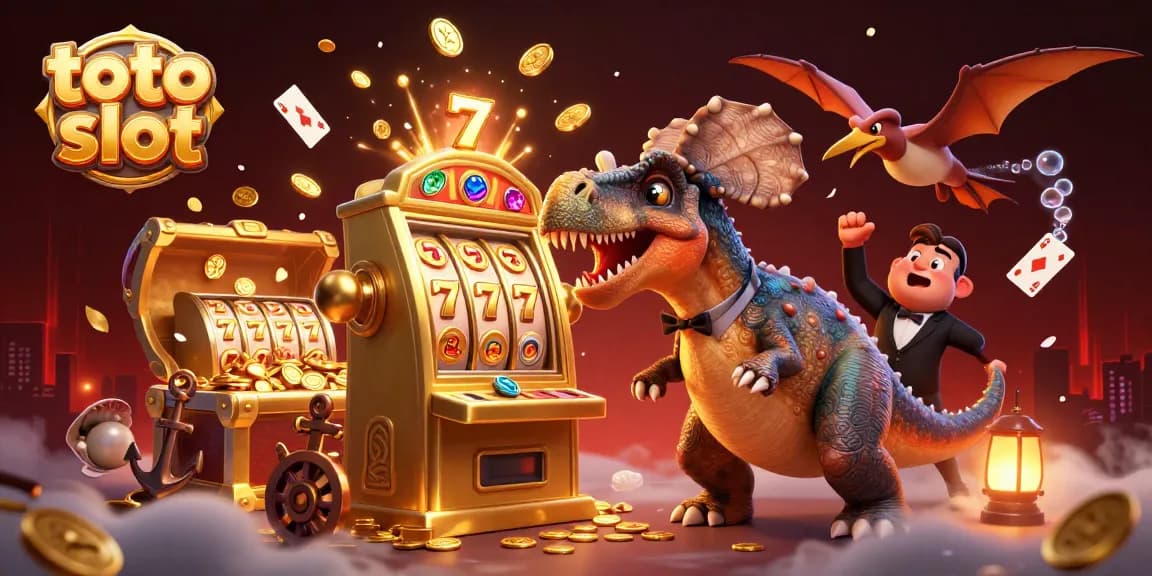 Engage with the action at toto slot as a dinosaur interacts with a golden slot machine, showcasing excitement and fun.