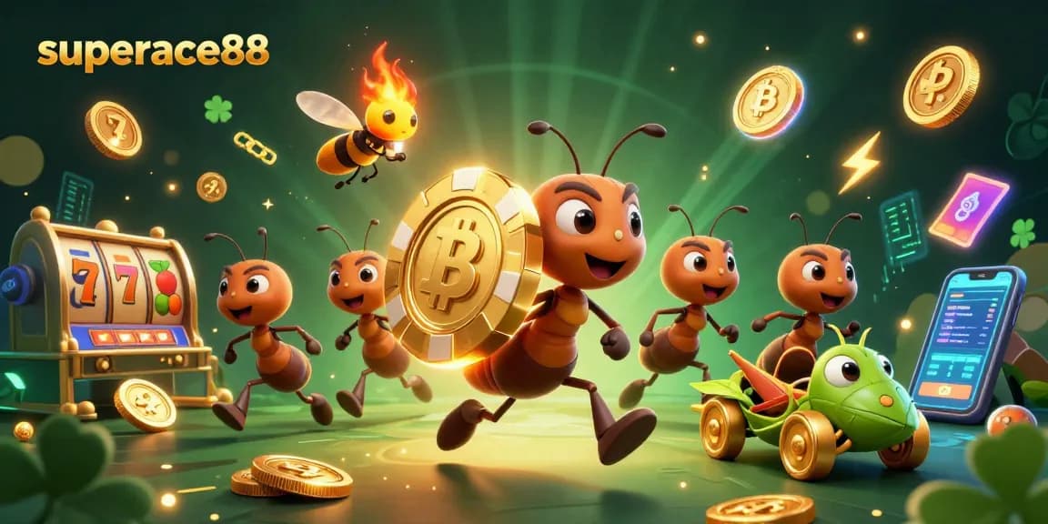 Experience excitement at superace88 with a thrilling heist led by ants, showcasing vibrant casino elements and crypto coins.