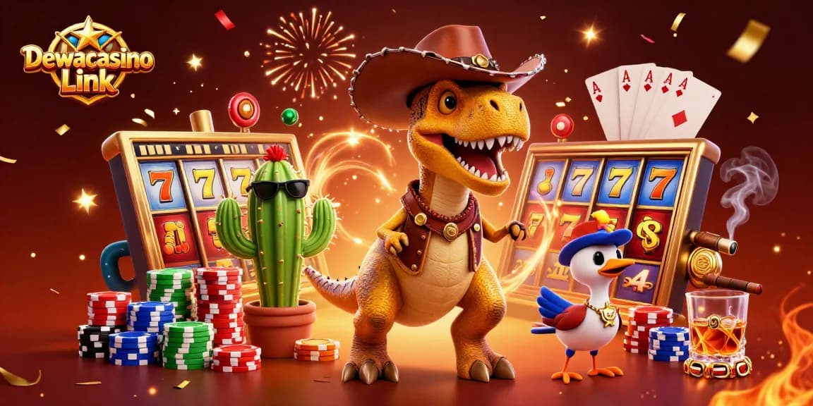 Spin big and win with Dewacasino Link featuring vibrant slot reels and dynamic casino characters.