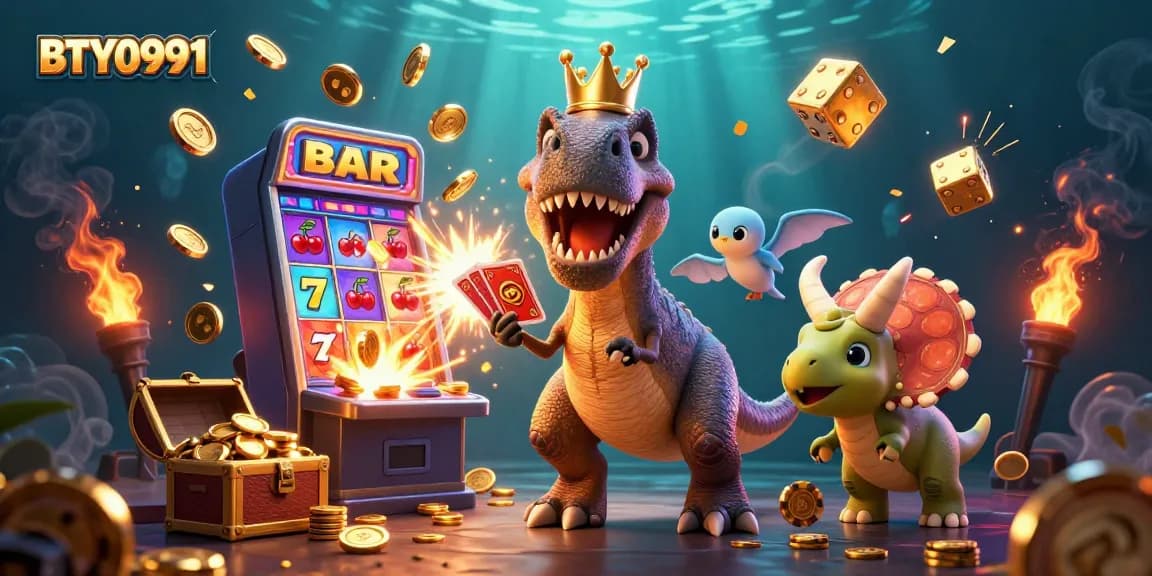 BTY0991 challenges the odds with a vibrant 3D casino scene featuring a card-shuffling T-Rex.